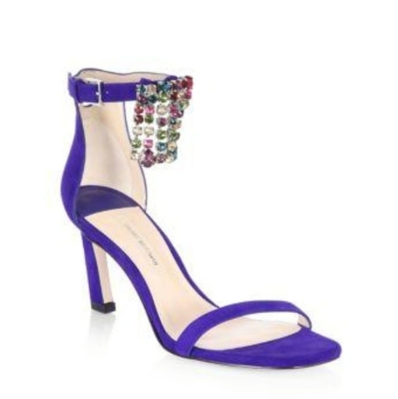 NEW Stuart Weitzman Fringe Embellished Suede Sandals Blue Violet - Picture 1 of 7